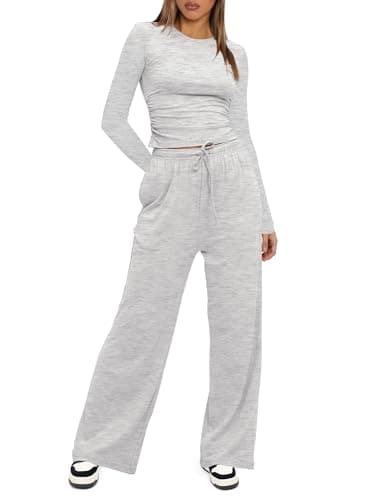 Darong Women's 2 Piece Lounge Sets Long Sleeve Tops Wide Leg Pants Casual Outfits Pajama Set Fall Collection 9065A White Grey L - Image 3