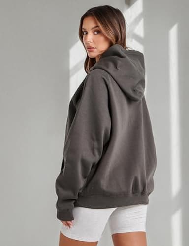Lauweion Women Solid Basic Fleece Letter Loose Hoodie Sweatshirt Long Sleeve Kangaroo Pocket Drop Shoulder Pullovers Top Dark Grey - Image 9