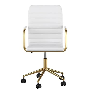 Martha Stewart Taytum Swivel Task Chair with Armrests for Home Office in White Faux Leather with Polished Brass Frame - Image 11