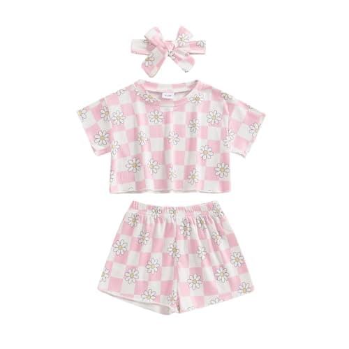Toddler Girl Clothes Baby Girls Outfits Summer Floral Checkerboard Print Shirt+Shorts+Headband 3pcs Baby Clothing (Pink, 6-12 Months) - Image 1