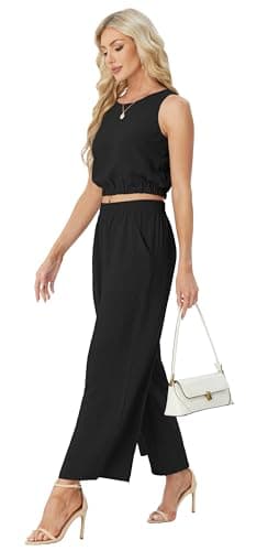 GRECERELLE Two Piece Sets for Women Sleeveless Crop Top Wide Leg Pants Sweat Set for Women 2025 Summer Black-M - Image 3