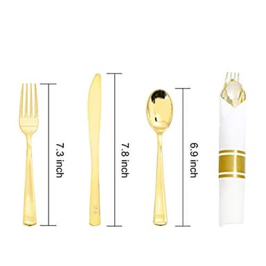 Supernal 60 Pack Pre Rolled Napkins with Gold Plastic Silverware, Premium Disposable Gold Wrapped Cutlery Set Includes: 60 Forks 60 Knives 60 Spoons 60 Napkin for Party - Image 2