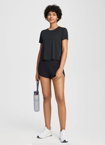 baleaf Women's Workout Tops Athletic Shirts Cropped Short Sleeve Split Back Running Gym Quick Dry Sun Protection UPF 50+ Black L - Image 6