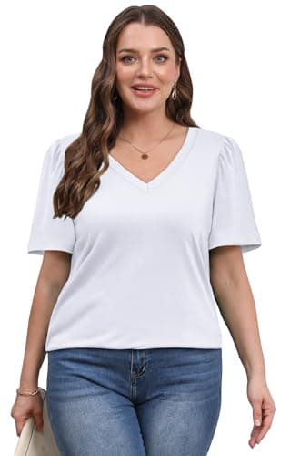 OFEEFAN Womens T Shirts Summer V Neck Short Sleeve Plain Tops Dressy Casual White XL - Image 3
