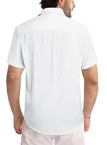 JMIERR Men's Summer Casual Stylish Short Sleeve Button-Up Shirts Cotton Linen Solid Color Business Dress Shirts Chambray Beach Shirt, L, White - Image 3
