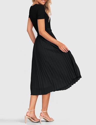 ZESICA Womens 2025 Summer Short Sleeve Midi Dresses Casual Crew Neck Knit Belted Pleated A Line Flowy Wedding Guest Dress,Black,Large - Image 4