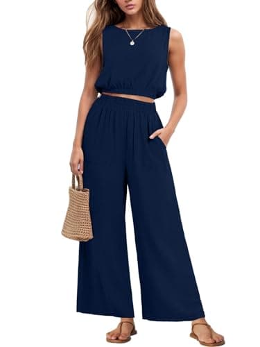 2 Piece Sets for Women Summer Sleeveless Crop Top Wide Leg Pants Resort Wear for Women 2025 Dark Blue-M - Image 1
