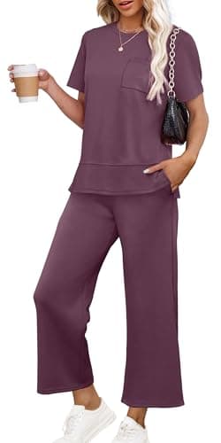 OFEEFAN Vacation Outfits for Women Casual Summer 2 Piece Lounge Set Spring Fashion Short Sleeve Tracksuit Wide Leg Loungewear Airport Clothes Holiday Clothing Women's Cruise Wear Purple XXL - Image 1
