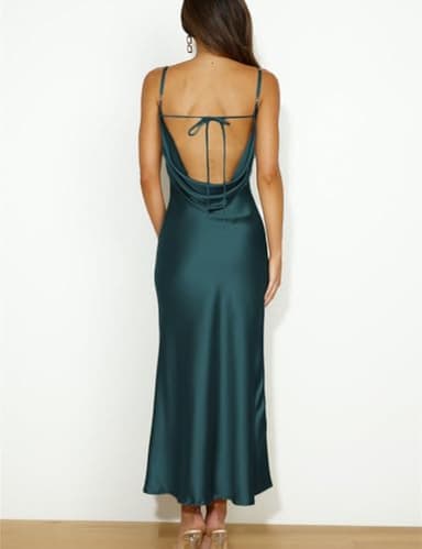 Summer Satin Spaghetti Strap Cowl Neck Backless Midi Dresses for Women Elegant Tie Low Back Ruched Cocktail Dress Deep Green - Image 2