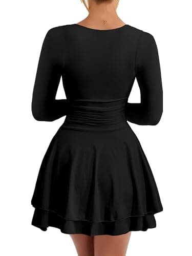 Kaximil Women's Square Neck Ruffle Hem Mini Dress Ruched Waist Long Sleeve Corset Short Party Dresses, Large, Black - Image 2