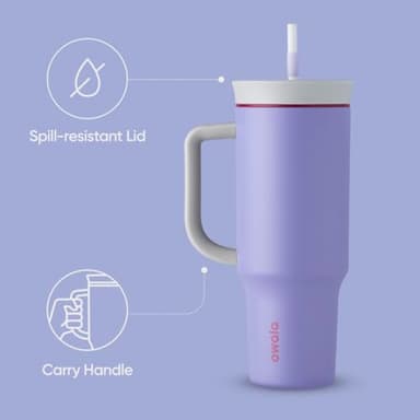 Owala Stainless Steel Triple Layer Insulated Travel Tumbler with Spill Resistant Lid, Straw, and Carry Handle, BPA Free, 40 oz, Light Purple (Whimsical Daydream) - Image 3