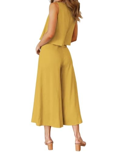 ROYLAMP Women's Summer 2 Piece Outfits Round Neck Crop Basic Top Cropped Wide Leg Pants Set Jumpsuits Ginger Yellow XS - Image 3