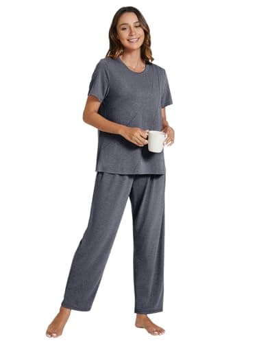 POKWAI Womens Pajama Sets Short Sleeve Top with Pants Soft Pj Women Pajamas Summer Pajamas for Women Pajama Pjs(Dark Gray,Large) - Image 4