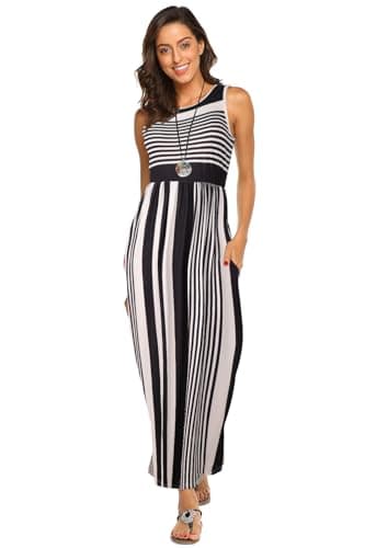 Hount Black Dresses for Women Casual Crewneck Long Maxi Dress with Pockets Striped S - Image 2