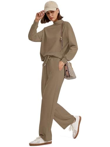 Sampeel Lounge Sets for Women Two Piece Outfits Casual 2 Piece Sweatsuits Tracksuit Set Womens Fall Fashion 2025 Sweatpants Winter Clothing Mock Neck Sweat Set Loungewear Matching Sets Light Taupe XL - Image 3