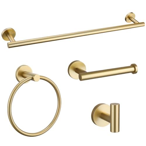 Brushed Gold Bathroom Hardware Accessories Set 4 Pieces Towel Bar Set Modern Round Towel Ring 19.68 in Towel Bar Towel Hook and Toilet Paper Holder Stainless Steel Wall Mounted - Image 1