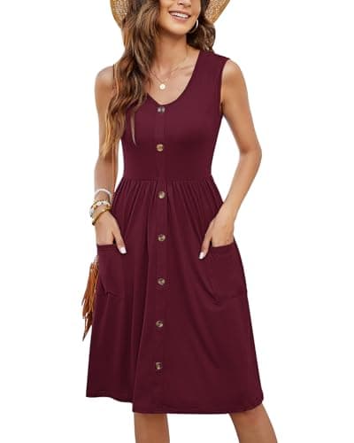 MOLERANI Women Summer Dresses Sleeveless Casual Loose Swing Button Down Midi Dress with Pockets(Wine Red,XL) - Image 1