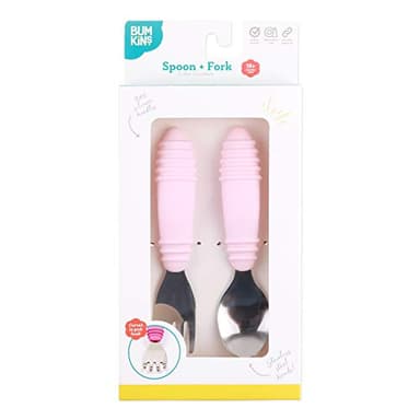 Bumkins Toddler Utensils, Kids Fork and Spoon Set, Silicone and Stainless-Steel Silverware, Angled Forks / Sporks for Self-Feeding, Children Training Flatware Cutlery for 18 Months Up, Pink - Image 6