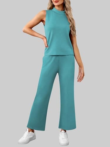 Casly Lamiit Two Piece Outfits for Women Matching Sets Summer Sleeveless Mock Neck Tops Business Casual Sweatsuit Work Clothing Tracksuit Viriaian Green S - Image 5