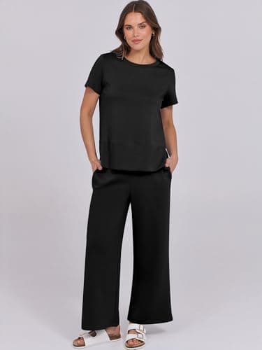 ANRABESS Women 2 Piece Lounge Sets Summer Travel Sweat Outfits Short Sleeve Wide Leg Casual Matching Tracksuits Clothes Black XX-Large - Image 2