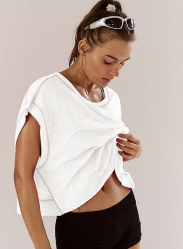 Kumufenc Women Short Sleeve Workout Shirts Open Back Tops Casual Yoga Y2k Athletic Gym Slouchy Crop Running Tees(White,S), Small - Image 4