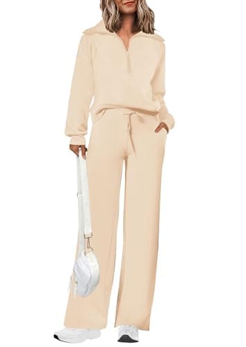 PRETTYGARDEN Women's 2 Piece Outfits Casual Lapel Half Zip Sweatshirts And Wide Leg Pants Tracksuit Sets (Beige,X-Small) - Image 1