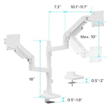 ARES WING Dual Monitor Arm Desk Mount for 17-49 Inch Ultrawide Monitors, Heavy Duty Dual Monitor Mount Holds 44 lbs, Full Motion Gas Spring Vertical Stacked Monitor Mount, 75/100 VESA Mount, White - Image 9