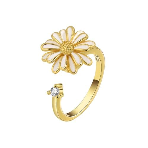 Aoeam Sunflower Fidget Ring - Silver Sunshine Spinning Daisy Adjustable Anti-Anxiety Spinner Ring with Cubic Zircon - Gift for Teens, Women - Image 1