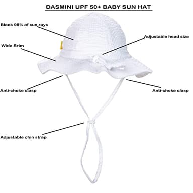 DASMINI Baby & Toddler Wide Brim Sun Hats UPF 50+ Sun Protection Bucket Cap Cute Adjustable Hat(White+Yellow,0-6M) - Image 2