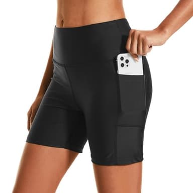 HODOSPORTS Women's 5'' Swim Shorts UPF 50+ High Waisted Board Shorts with Pockets Liner Quick Dry Swimsuit Bottoms Black M - Image 2