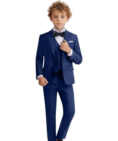 Addneo Boys 5 Pcs Suit Set Formal Dress Shirt with Bowtie Vest Pants Toddler Boy Tuxedo Suits Navy Blue，8 - Image 1