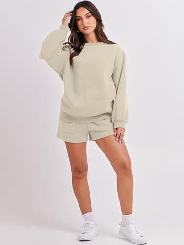 ANRABESS Women 2 Piece Outfits Sweat Shorts Sets 2025 Oversized Casual Lounge Matching Set Sweatsuit Tracksuit Fall Clothes Almond Large - Image 7