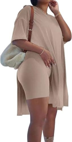AXOSY Women Plus Size 2 Piece Outfits Short Sleeve Tunic Tops and Skinny Biker Shorts Sets Tracksuits Brown,XX-Large - Image 2