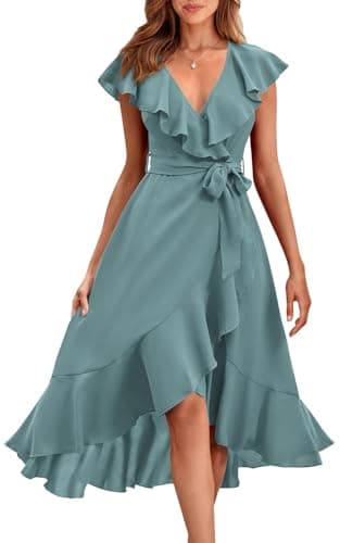 PRETTYGARDEN Women's Summer Cross Maxi Dress Casual Boho Deep V Neck Short Sleeve Ruffle Hem Split Beach Long Dresses (Light Lake Blue,Medium) - Image 1