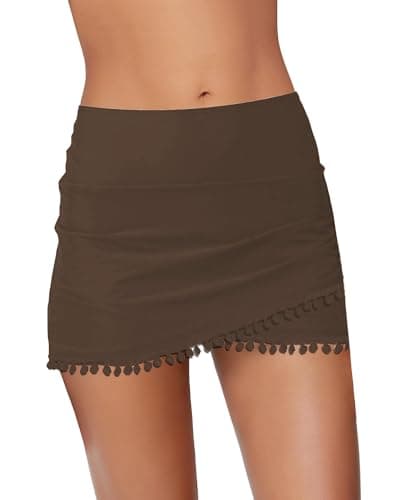 GRAPENT Women's Tassels Mid Waist Tulip Hem Shirring Swim Skirt Swimsuit Bikini Bottoms Ruched Front Tankini Bottoms Full Coverage Modest Swimwear Chocolate Brown Large Size 12 Size 14 - Image 1