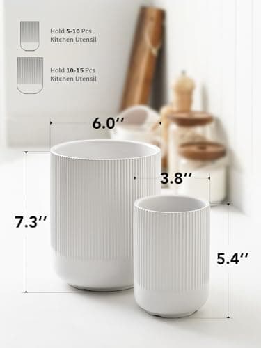 LE TAUCI Utensil Holder, 7.3"+5.4" Ceramic Kitchen Utensil Holder for Countertop, Large Cooking Utensil Crocks for Kitchen Counter Decor, Morden Utensil Organizer for Spatula, Set of 2, White - Image 6