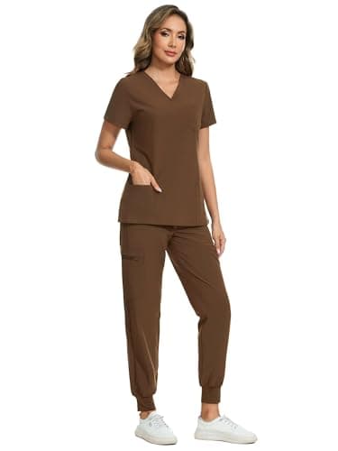 COZYFIT Scrubs for Women Set - Stretch V-Neck Scrub Top & Jogger Pant with 8 Pockets, Yoga Waistband, Anti Wrinkle, Slim Fit Women Scrubs - Brown, XXL - Image 3
