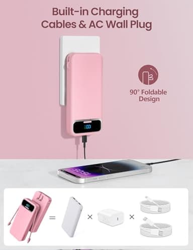 12000mAh Lightweight-Portable-Charger-Power-Bank with Built-in Cables and AC Wall Plug, PD20W USB-C Fast Charging Battery Pack, LED Display External Travel Phone Charger for All iPhone,Samsung,Android - Image 4