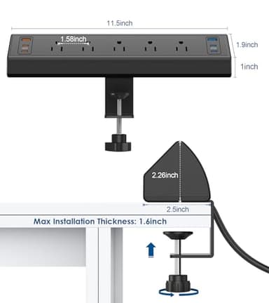 Desk Clamp Power Strip USB C,75W Total Fast Charging Station,45W USB-C and 30W USB-C Ports,Desk Edge Mount Power Strip 6-USB,5 AC Outlets Tabletop Surge Protector,Fit 1.6" Tabletop Edge - Image 7