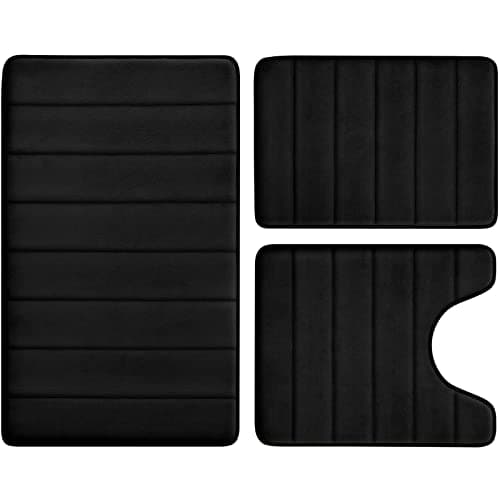 BYSURE Black Memory Foam Bathroom Rug Set 3 Piece, Non Slip Extra Soft Absorbent Washable & Dry Toilet Bath Mat Sets - Image 1