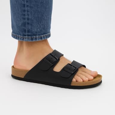 CUSHIONAIRE Lane Cork Footbed Mens Sandals, Adjustable Buckle Comfort Slides for Men, Genuine Leather Insole Summer Sandals Men Footwear, BLACK 9 - Image 6