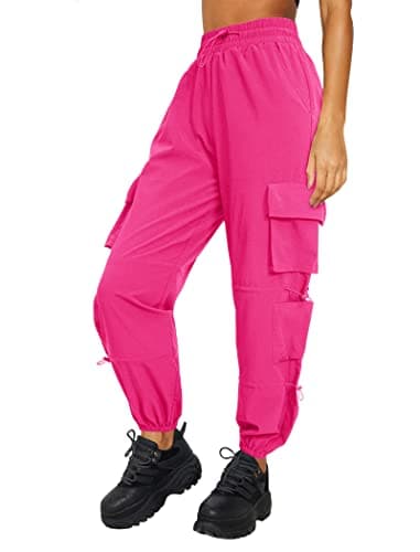 DLOODA Quick Dry Cargo Pants Lightweight Tactical Hiking Pants with 6 Pockets for Women, Elastic Waist and Water-Resistant Hot Pink - Image 1