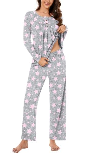 Bestbee Womens Pajama Set Plus Size, 2 Piece Lounge Outfits Pleated Sleepwear Sets Long Sleeve With Pockets Ladies Pjs, XL, Star Grey - Image 3