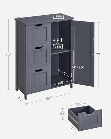 VASAGLE Bathroom Floor Storage Cabinet, Freestanding Bathroom Storage Unit with 3 Drawers, 1 Adjustable Shelf, 11.8 x 23.6 x 31.5 Inches, Slate Gray UBBC049G01 - Image 3