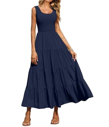 PRETTYGARDEN Women's Casual Loose Plain Maxi Sundress Smocked Tank Dress Sleeveless Summer Beach Tiered Long Dresses (Navy,Large) - Image 1