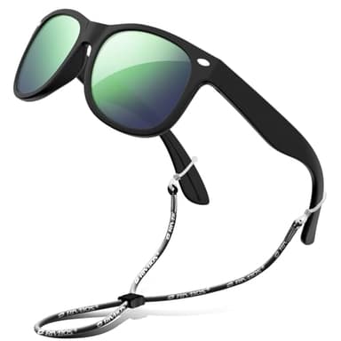 RIVBOS Kids Sunglasses Boys with Strap Polarized Rubber Flexible Shades for Toddler and Children Age 3-10 RBK004-2 Black Ice Green Lens - Image 1