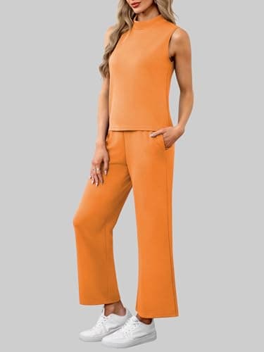 Casly Lamiit Womens Summer Outfits Matching Set Mock Neck Tank Top Crop Pants Tracksuit 2025 Trendy Comfy Clothes Dressy Work Travel Sweatsuit Camellia S - Image 3