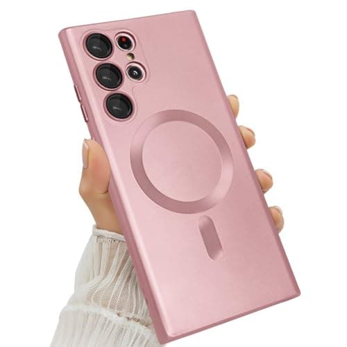 Amzfield Magnetic for Samsung Galaxy S22 Ultra Case for Women Men Girls [Compatible with MagSafe] [Camera Lens Protector] Matte Cute Slim Soft Silicone Bumper Shockproof Metallic Phone Case, Pink - Image 1