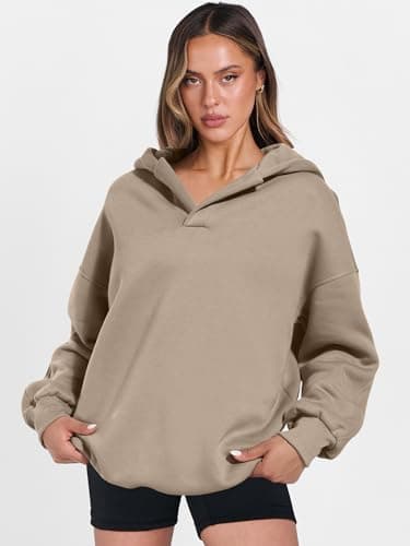 ANRABESS Womens Oversized Hoodies V Neck Sweatshirts Fleece Long Sleeve Pullover Y2K Clothes 2025 Fall Trendy Outfits Khaki Brown XL - Image 7