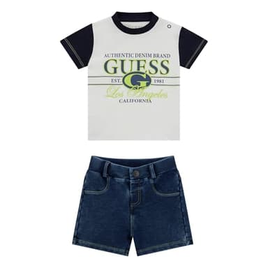 GUESS Baby Boy Eco Short Sleeve T-Shirt and Knit Denim Shorts Set, Pure White, 9 Months - Image 1